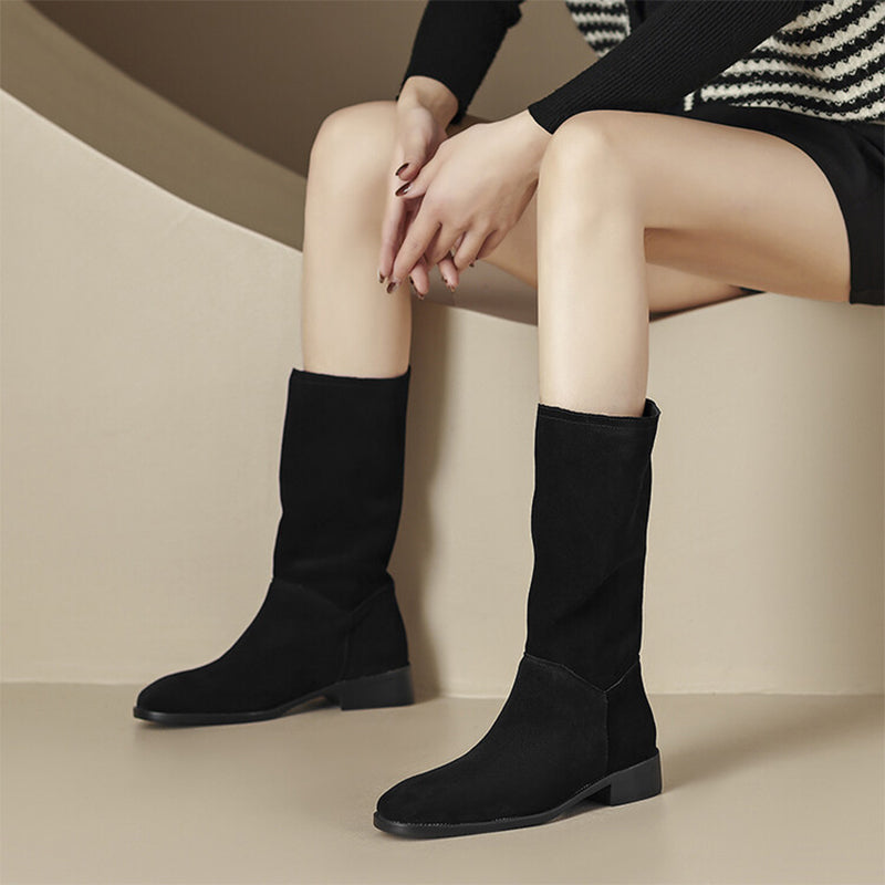 Womens Suede Leather Mid Calf Boots In Green/Black/Brown