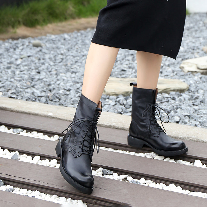 Retro Short Boots Women Handmade Genuine Leather Boots Biker Boots Coffee/Black