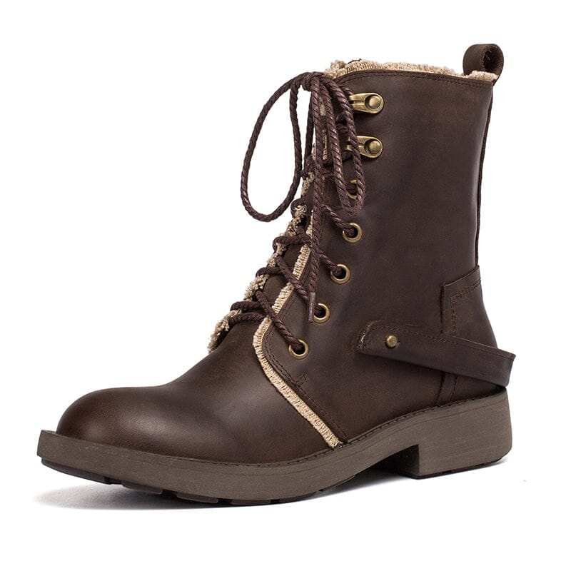 Crazy Horse Leather Combat Boots Designer Retro Chunky Riding Boots Dark Coffee/Black