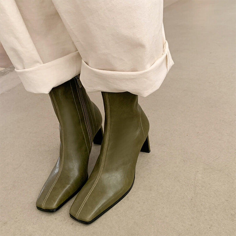 Classic Square Toe Sock Boots High Heel Stretch Boots Elastic Leather Handmade Black/Brown/Green