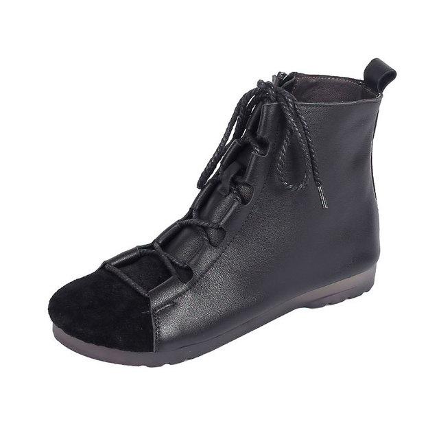 Retro Genuine Leather Soft Flat Boots For Women Round Toe Lace Up Mori Girl Style Ankle Boots Wide Fit Black