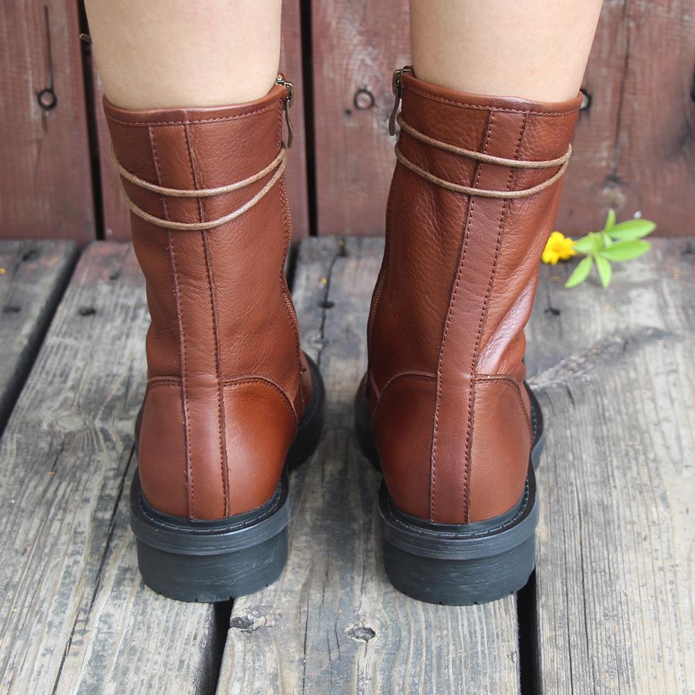 Retro Short Boots Women Handmade Genuine Leather Boots Biker Boots Brown