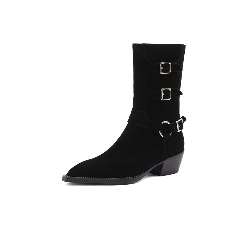 Womens Suede Leather Mid Calf Boots 45mm Block Heel with Buckle Details In Black/Brown
