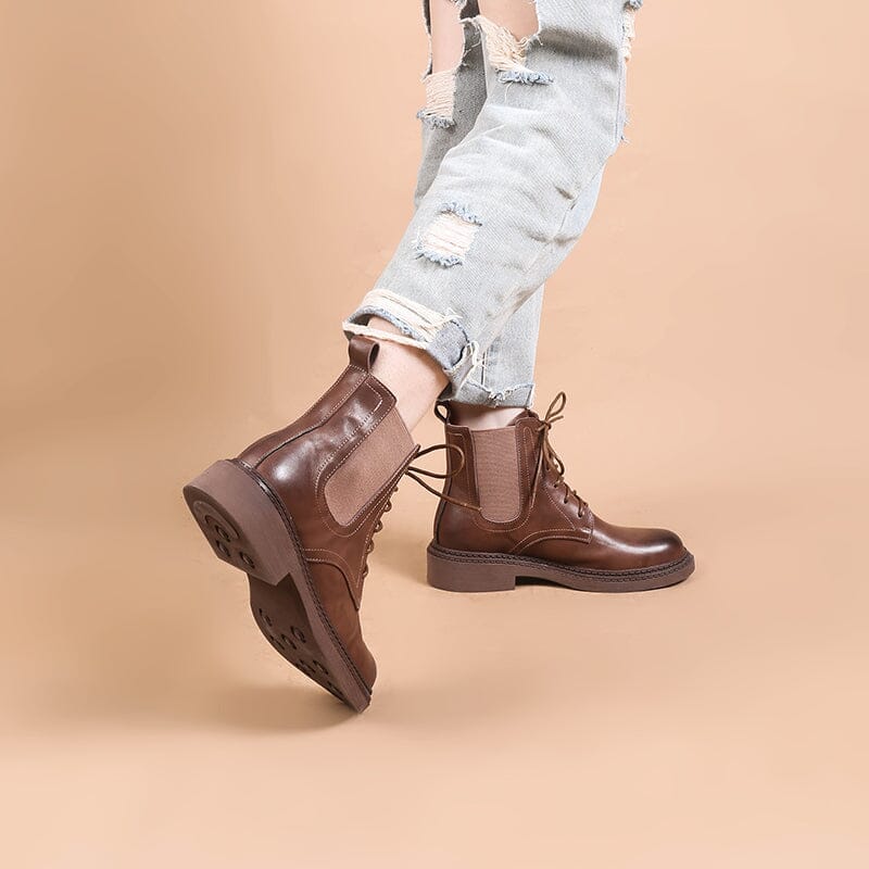 Handmade Boots Women Leather Lace-Up Oxfords Round Toe Chunky Ankle Booties