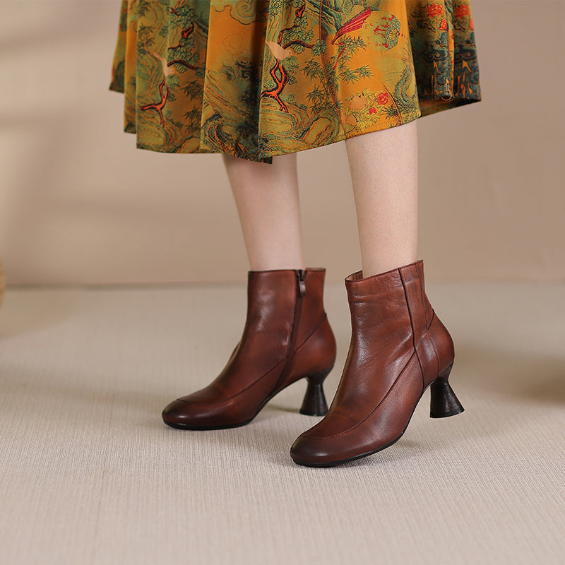 Handmade Soft Leather Kitty Heel Ankle Boots For Women Retro Round Toe Side Zipper in Coffee/Grey