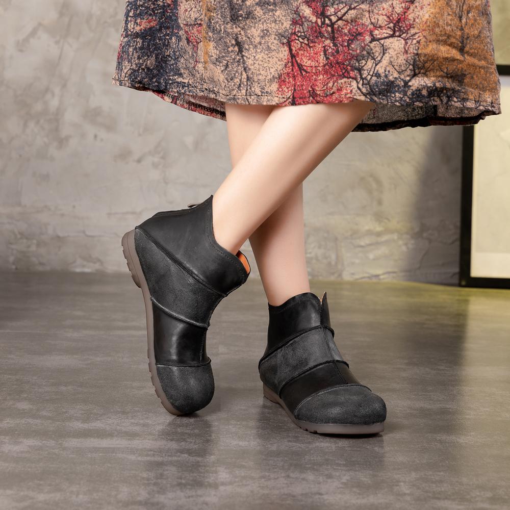 Retro Leather Ankle Boots With Zipper Splicing Craft Handmade Women Flat Shoes Black/Coffee