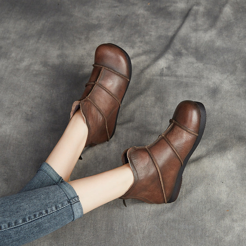 Women Handmade Leather Flats Loafers Boots Color Blocking Ankle Boots Original Design Coffee/Black