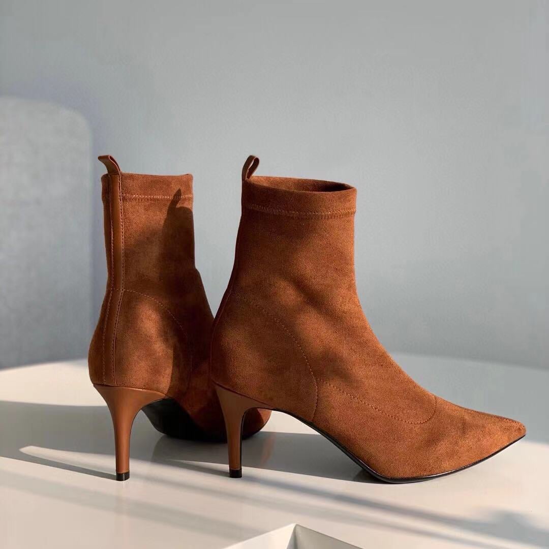 Classic Point Toe Sock Boots High Heel Stretch Boots Elastic Suede Handmade Black/Brown