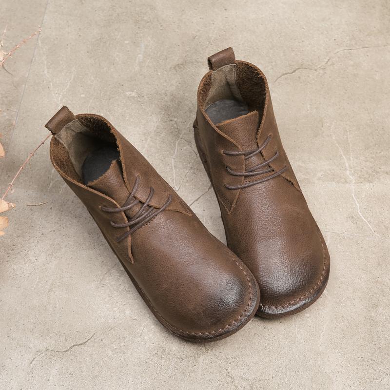 Handmade Genuine Leather Boots Lace-Up Soft Ankle Booties Casual Work Combat Boots Mori Girl Designer Shoes Brush-Off
