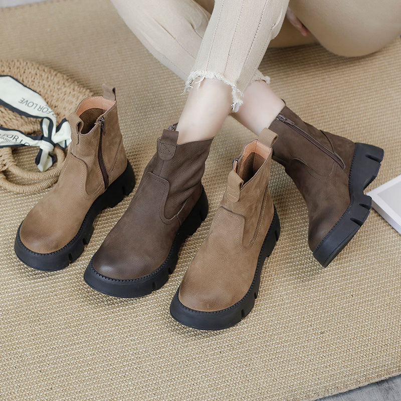 Retro Cowhide Chunky Boots Women Comfy Zip Walking Boots Gray/Apricot