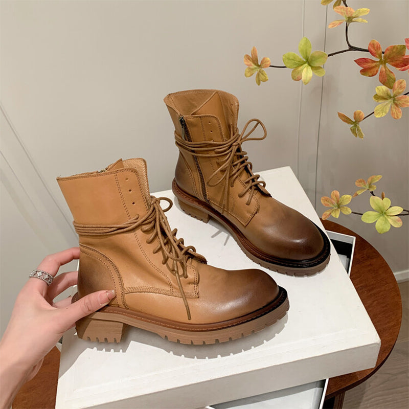 Cow Leather Combat Boots Designer Retro Chunky Lace up Boots Back Zip Brown/Black
