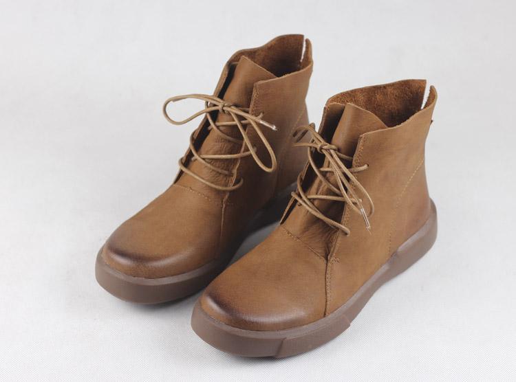 Women Retro Boots Lace Up Soft Leather Oxford Casual Walking Booties Brown/Black