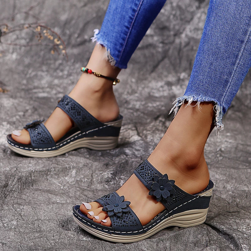 Wedge Heel Sandals Women Nubuck Flower