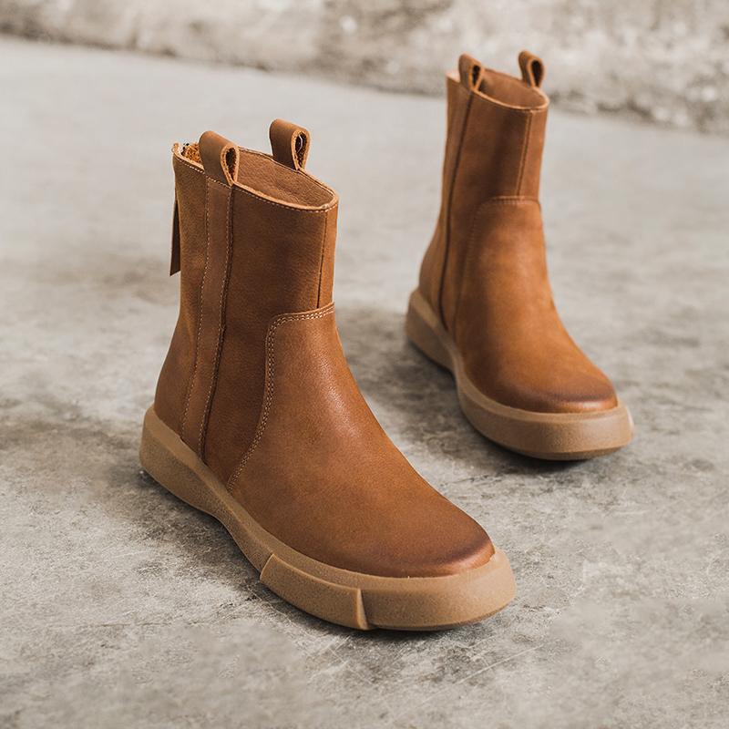Waxing Leather Chelsea Boots Handmade British Boots Back Zip Black/Coffee/Black Short Plush/Coffee Short Plush