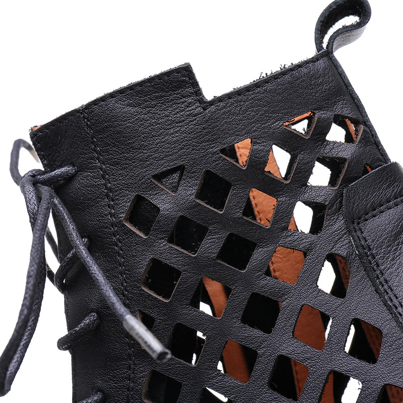 Handmade Genuine Leather Hollow Out Boots Women Summer Boots Side Zipper Chunky Heels Black/Brown