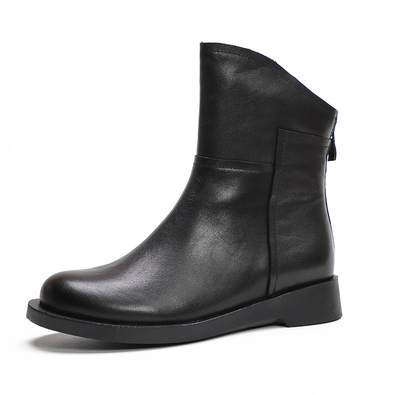 Retro Cowhide Boots Women Comfy Back Zip Walking Boots Brown/Black/Grey