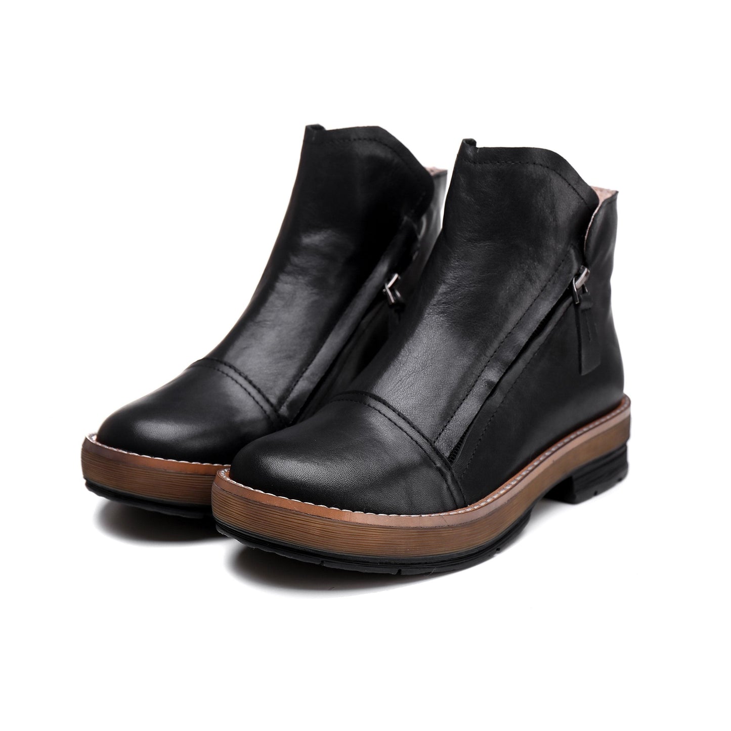 Soft Cowhide Leather Zip Boots Retro Women Chunky Ankle Boots Black/Coffee/khaki