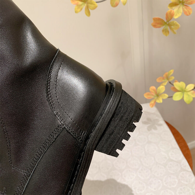Cow Leather Combat Boots Designer Retro Chunky Lace up Boots Back Zip Brown/Black
