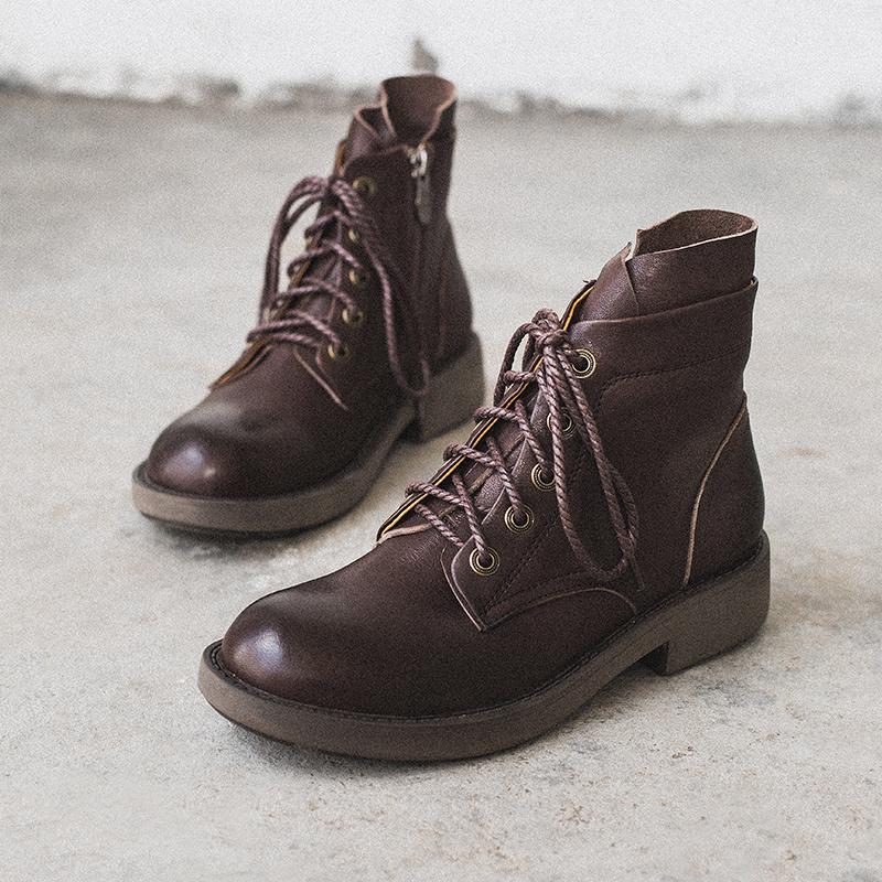 Waxing Sheepskin Leather Combat Boots Lace Up Boots Black/Coffee