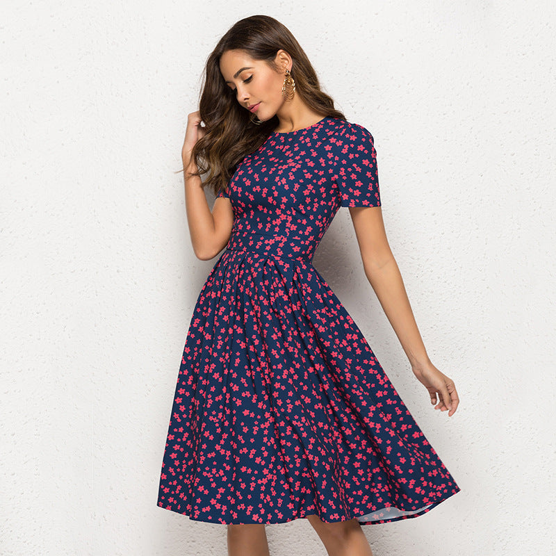 Vintage Floral Round Neck Short Sleeve Dress
