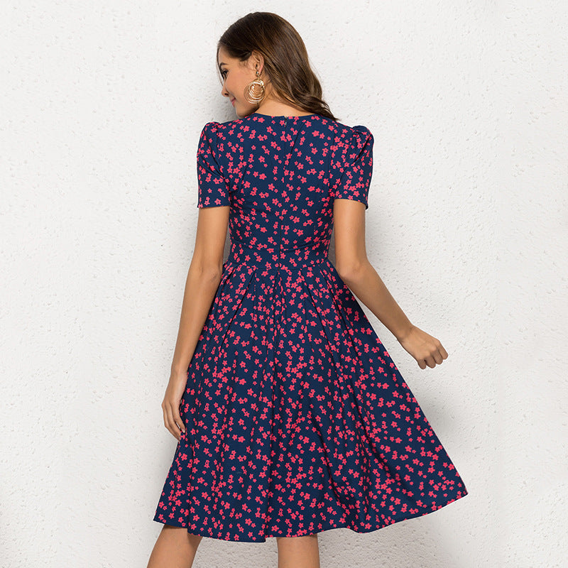 Vintage Floral Round Neck Short Sleeve Dress