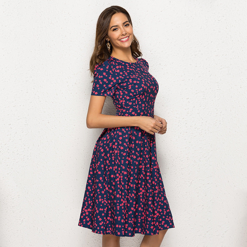 Vintage Floral Round Neck Short Sleeve Dress
