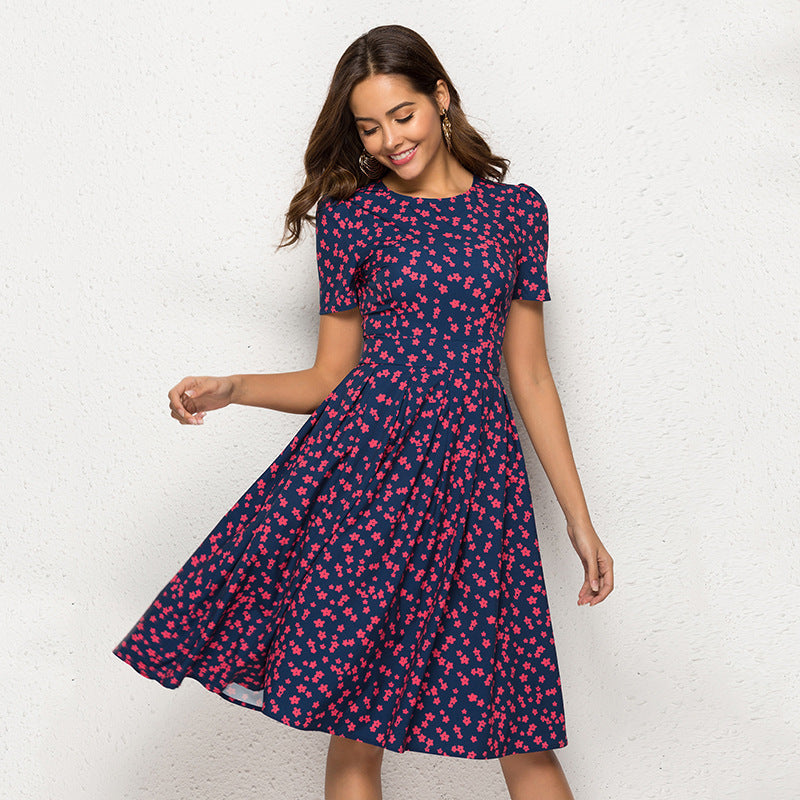 Vintage Floral Round Neck Short Sleeve Dress