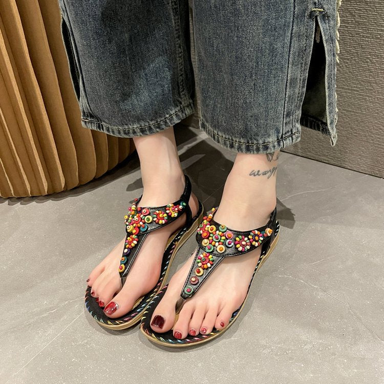 Women's Bohemian Flat Flip-flops Beaded Beach Korean Sandals
