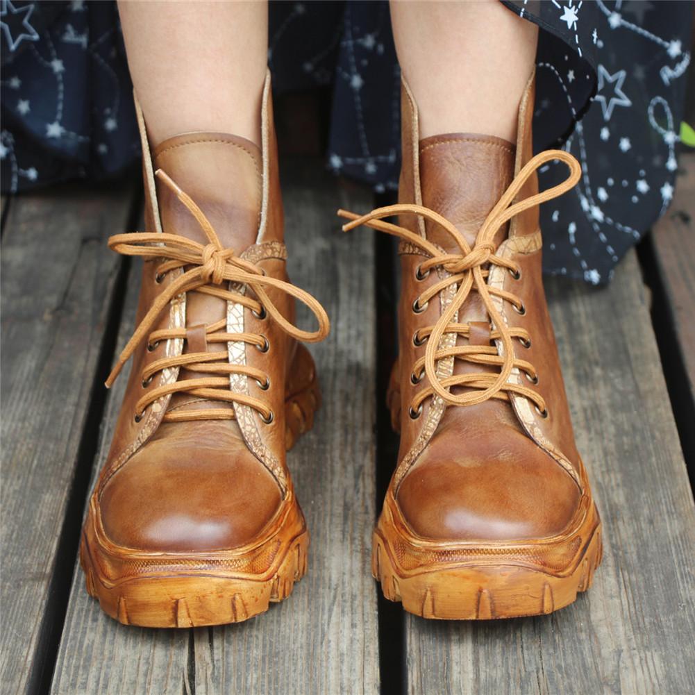 Women'S Handmade Leather Ankle Boots Comfortable Walking Round Toe Lace Up Boots Brown