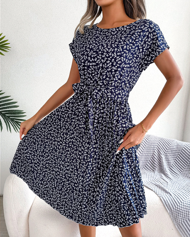 Short sleeve floral print tie dress