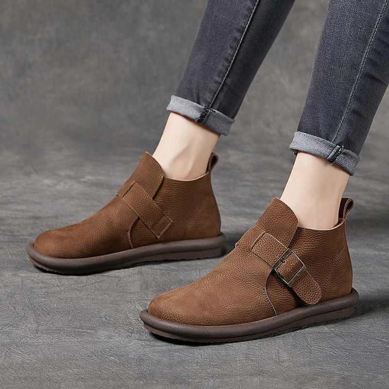 Women's Ankle Boots Leather Round Toe Retro Flat Shoes Casual Buckle Boots Khaki/Coffee