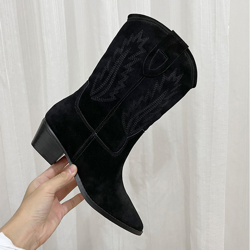 Womens Western Embroidered Short Boots Block Heel - Suede Black/Black Cowgirl Boots All Genuine Leather