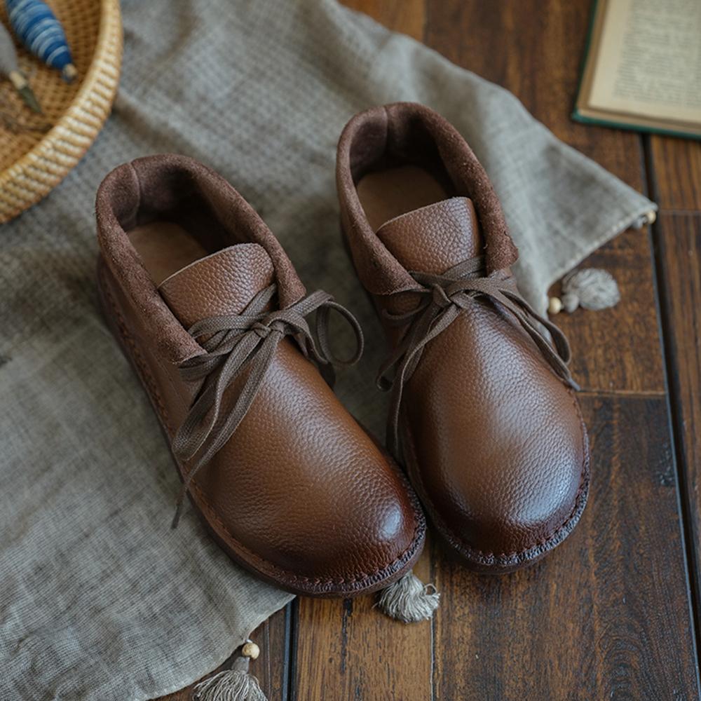 Handmade Genuine Leather Flat Boots Lace-Up Soft Ankle Booties Mori Girl Oxfords Designer Shoes Combat Boots Coffee/Beige/Brown