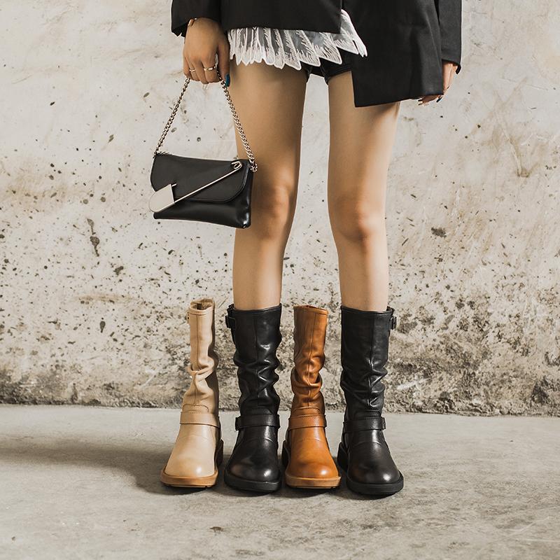 Waxing Leather Mid Calf Boots Fold Design Riding Boots Short Plush Lined Or Leather For Choice Apricot/Brown/Black