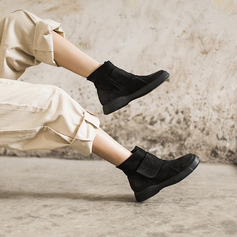 Waxing Leather Boots Velcro Ankle Boots Leather and Short Plush For Choice Black/Coffee