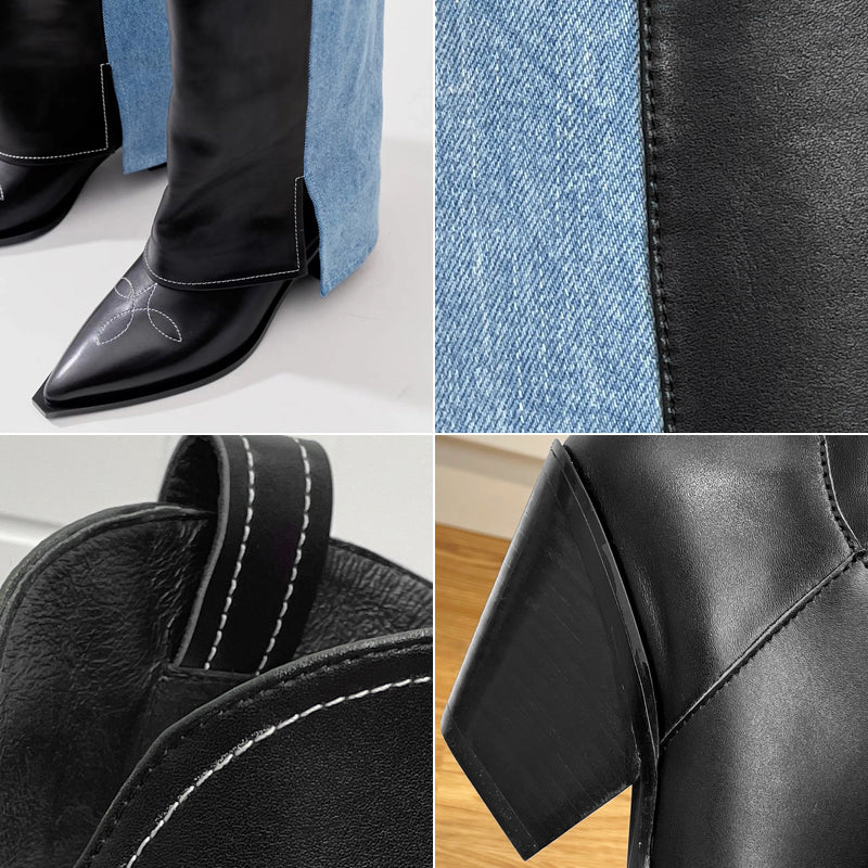 Wide-Shaft Wedge Leather Boots Riding Boots for Women In Black/Blue - Foldover Leather Tall Boots
