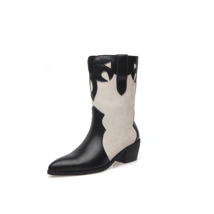 Western R Toe Boots Cowboy Boots Roper Cowgirl Boots Handmade Genuine Leather Mid Calf in Black/Beige