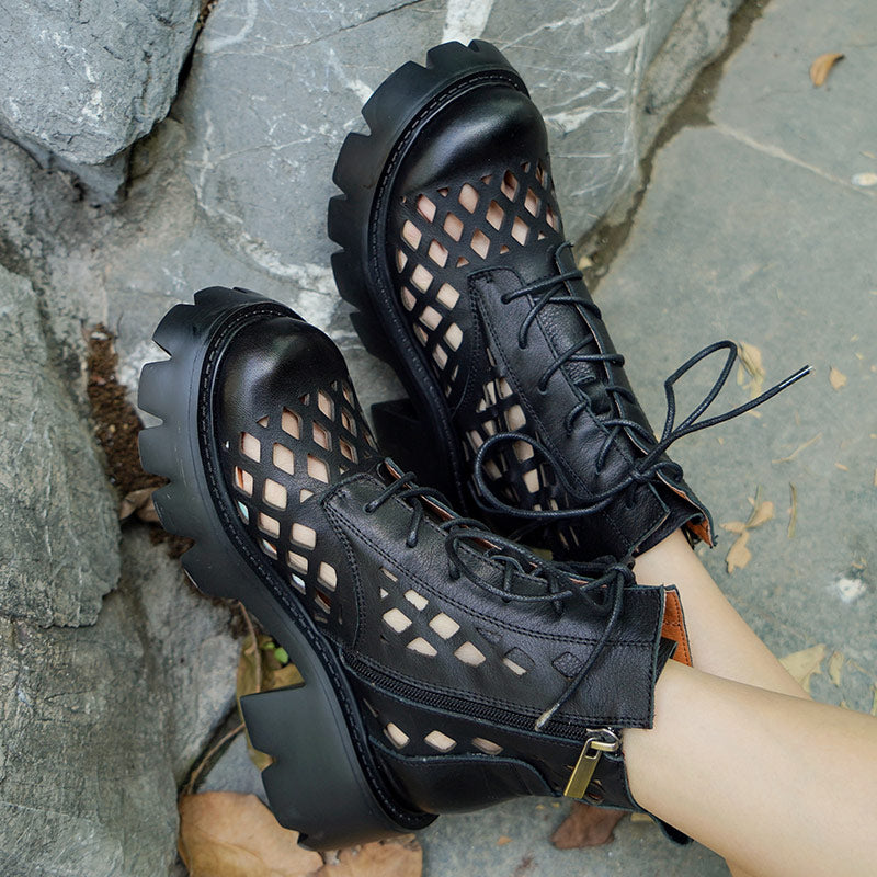 Handmade Genuine Leather Hollow Out Boots Women Summer Boots Side Zipper Chunky Heels Black/Brown