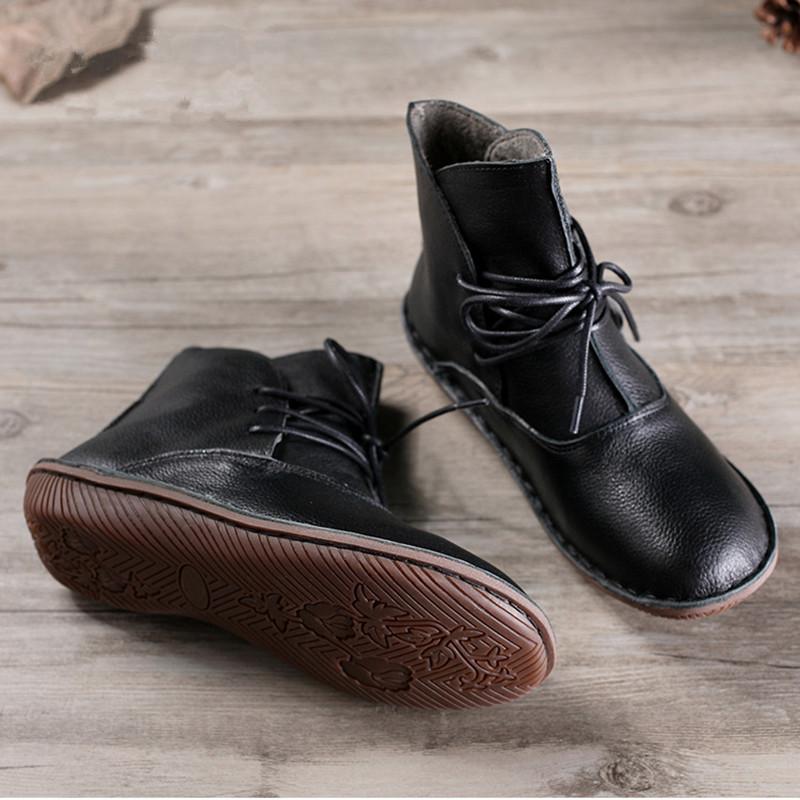 Handmade Retro Leather Lace Up Ankle Boots For Women With Plush Inside Black