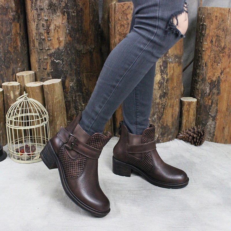 Women'S Handmade Leather Ankle Boots Comfortable Walking Retro Boots With Buckles Brown