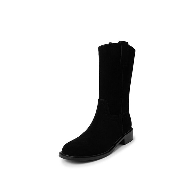 Womens Suede Leather Mid Calf Boots In Black/Brown
