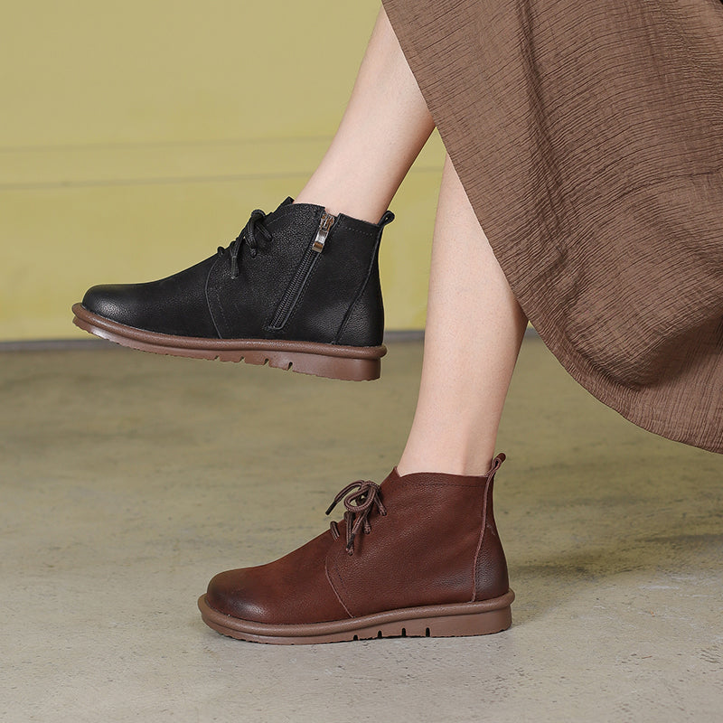 Handmade Soft Leather Ankle Boots Retro Round Toe Short Boots Women Mori Girl Boots