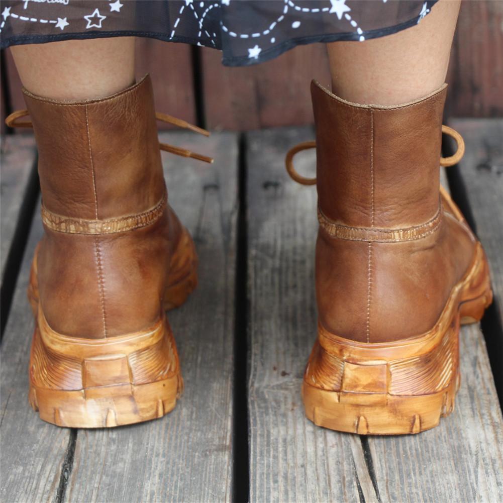 Women'S Handmade Leather Ankle Boots Comfortable Walking Round Toe Lace Up Boots Brown
