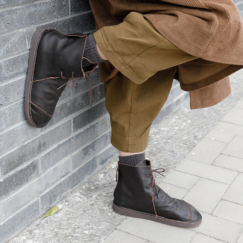 Handmade Women Calf Leather Booties Round Toe Lace-Up Flat Shoes Ankle Boots Brown/Coffee