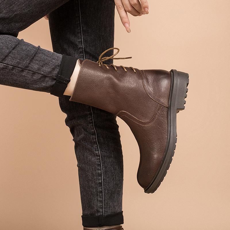 Leather Boots Designer Retro Chunky Riding Back Lace Handmade Coffee/Black/Yellow