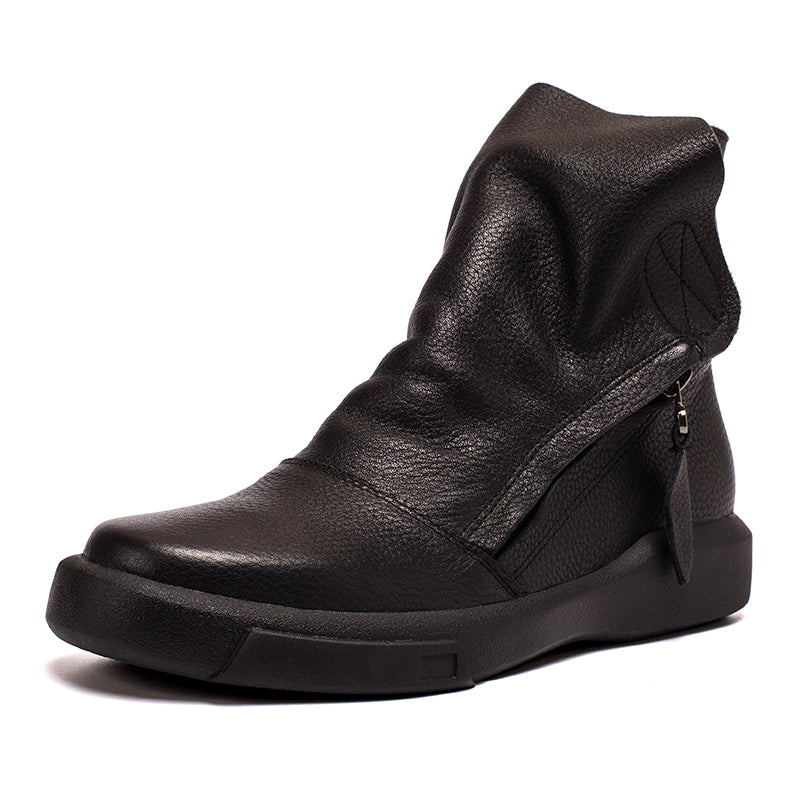 Soft Cowhide Leather Zip Boots Retro Women Chunky Ankle Boots Black/Coffee/khaki