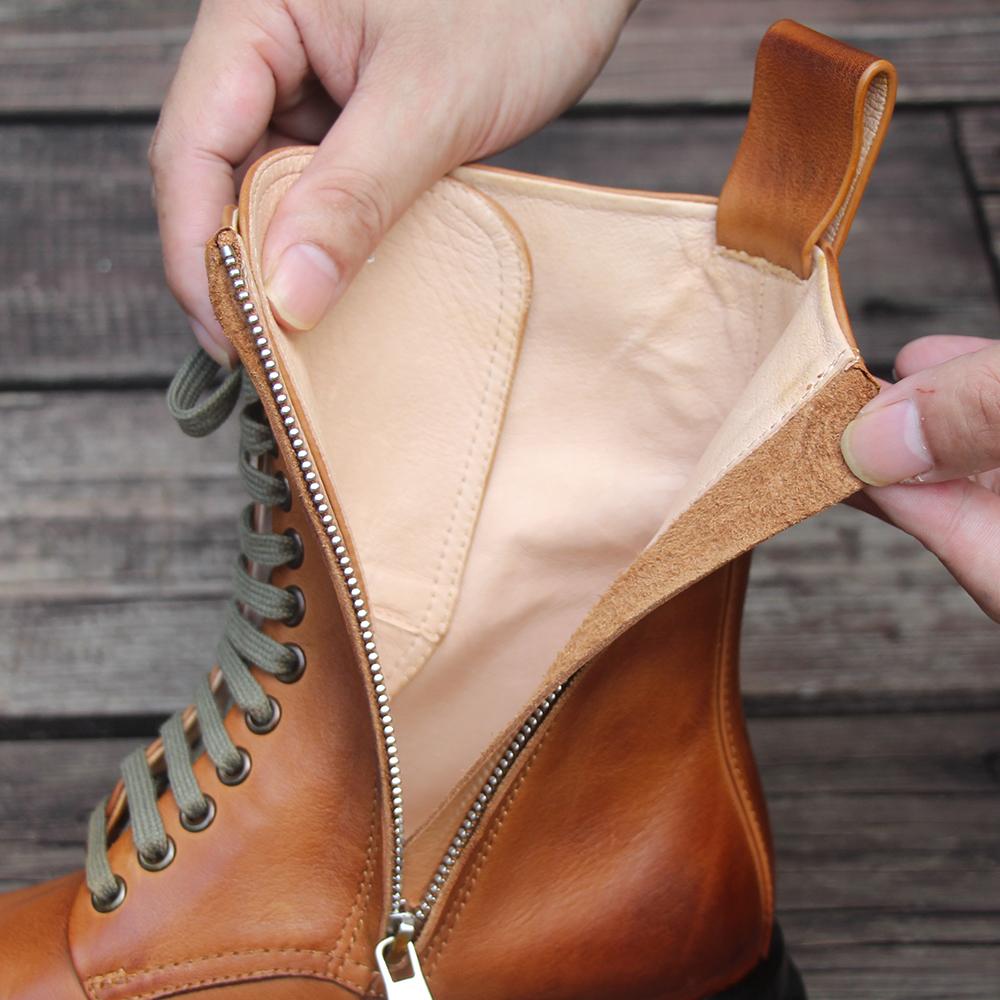 Retro Short Boots Handmade Genuine Leather Boots Women Biker Boots Lace-Up Combat Boots Chunky Ankle Boots 2020 Winter Boots Camel