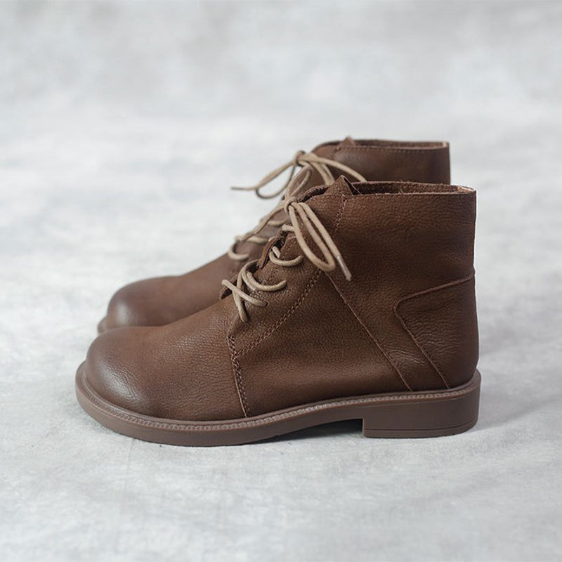 Wide Toes Handmade Genuine Leather Boots Lace-Up Combat Boots Retro Chunky Ankle Boots
