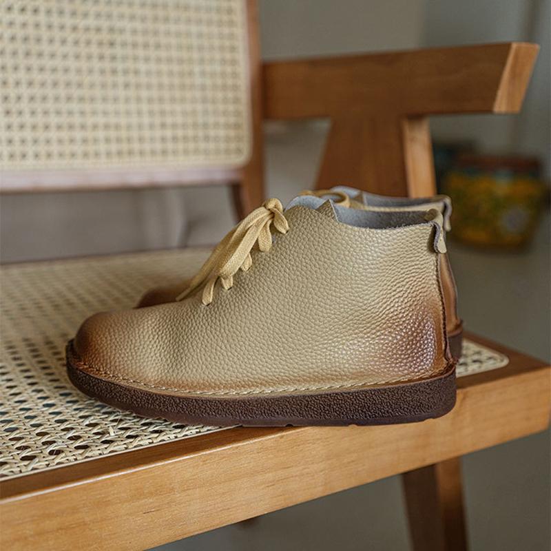 Handmade Genuine Leather Boots Lace-Up Combat Boots Retro Chunky Ankle Boots Coffee/Brown/Off White