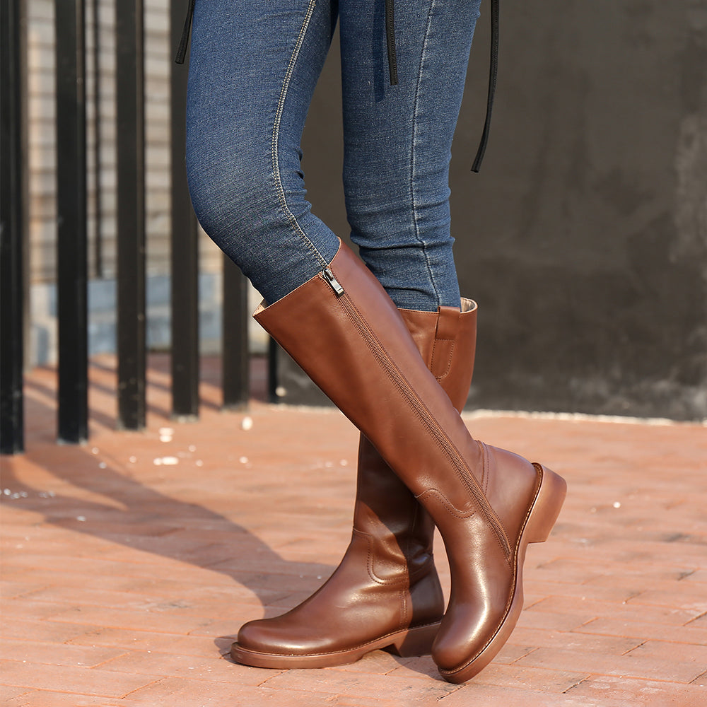 Handmade Soft Leather Knee High Boots Side Zip Riding Boots Short Plush Lining in Black/Brown